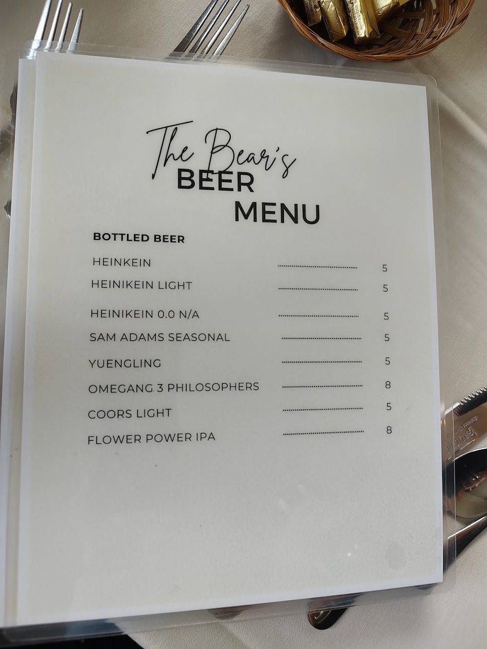 Restaurant menu with classic steakhouse selections.